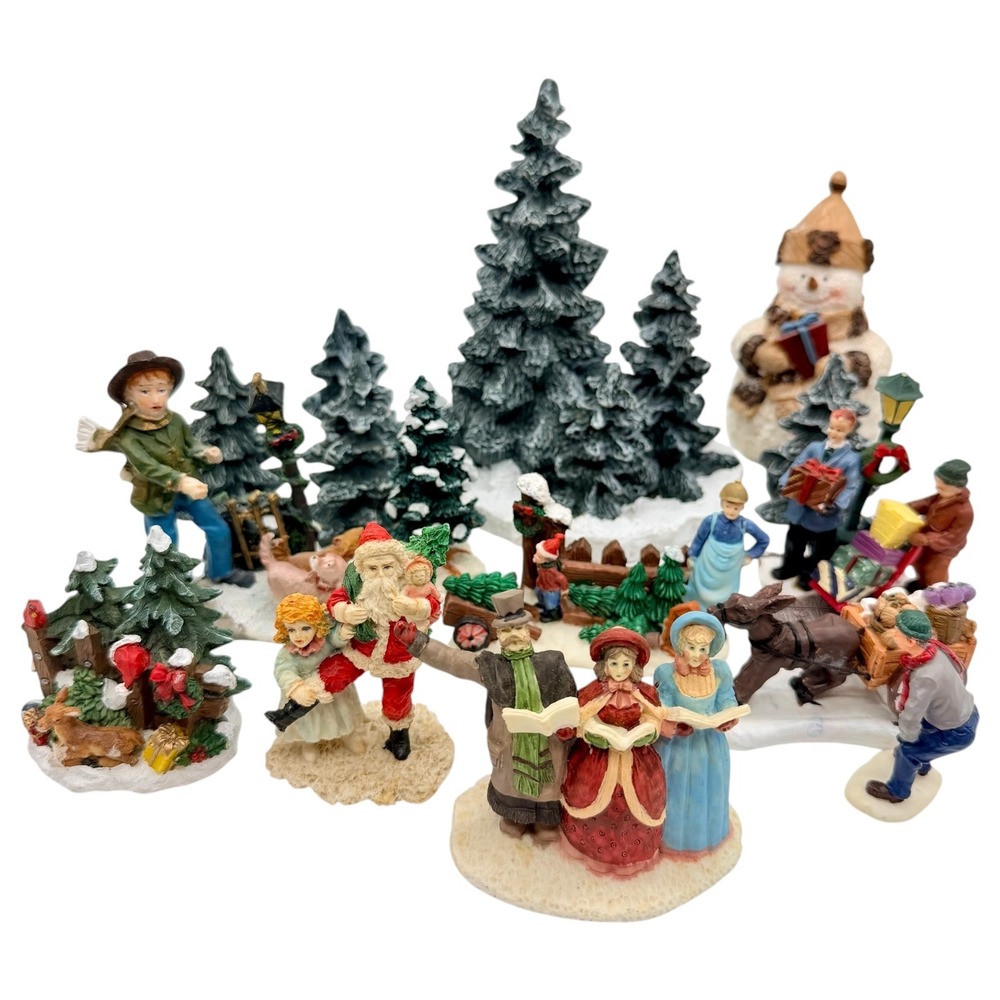 Unbranded Christmas Village Figurine Set 12-Piece Winter Scene Trees Excellent